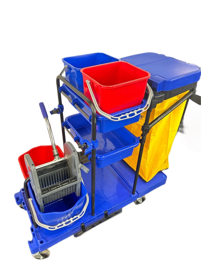 عربية تنظيف مستشفيات بلاستيك ازرق مع كيس مع حوض م 